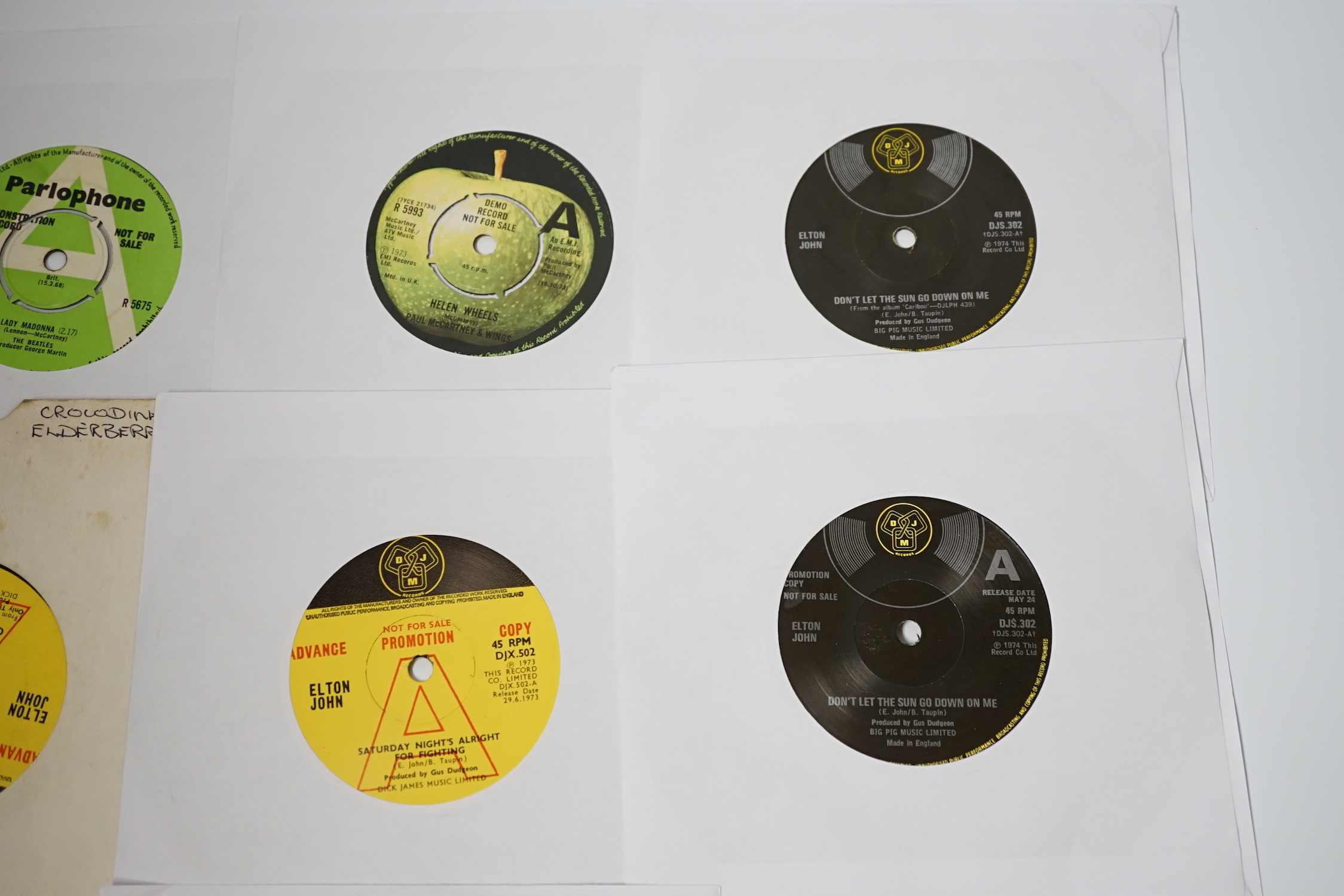 Ten demo 7” singles, all with printed demo labels by The Beatles (and related), Elton John and The Beach Boys, singles include; Lady Madonna, Don’t Let the Sun Go Down on Me, Crocodile Rock, Saturday Night’s Alright For